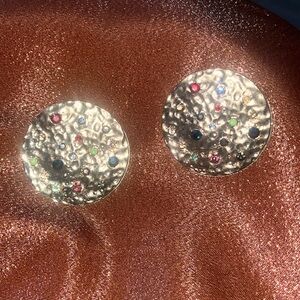 Gold Textured Round Earrings with Multicolor Gems